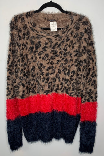 Fuzzy Leopard Print Colour Block Sweater