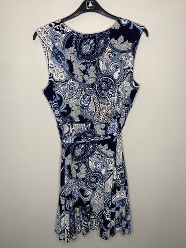 Blue & White Paisley Patterned Dress with Sash