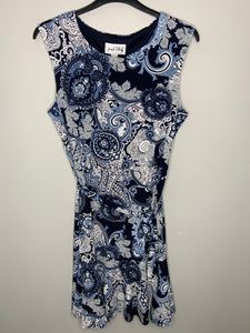 Blue & White Paisley Patterned Dress with Sash